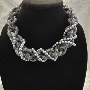 Bold Gun Metal Tone Mesh with Gray Faux Pearl Braided Necklace